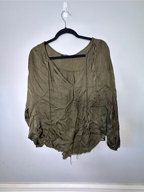 Olivaceous Olive Green V-Neck Tie-Front Blouse